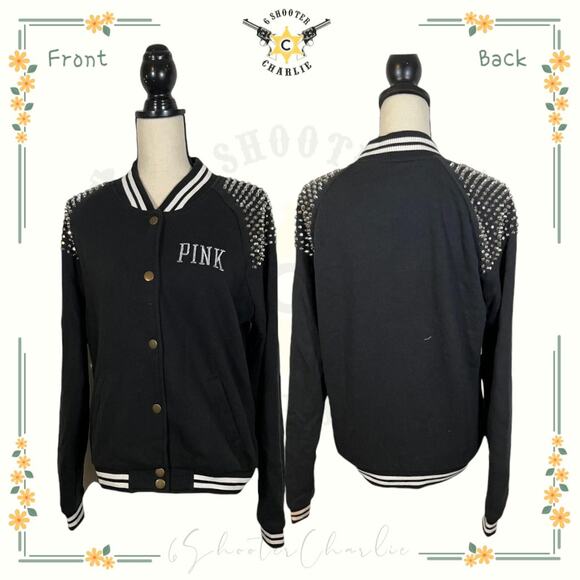 Victoria Secret Pink Varsity Jacket Women Medium Bomber STUDS Bling Snap Jacket - Picture 1 of 8